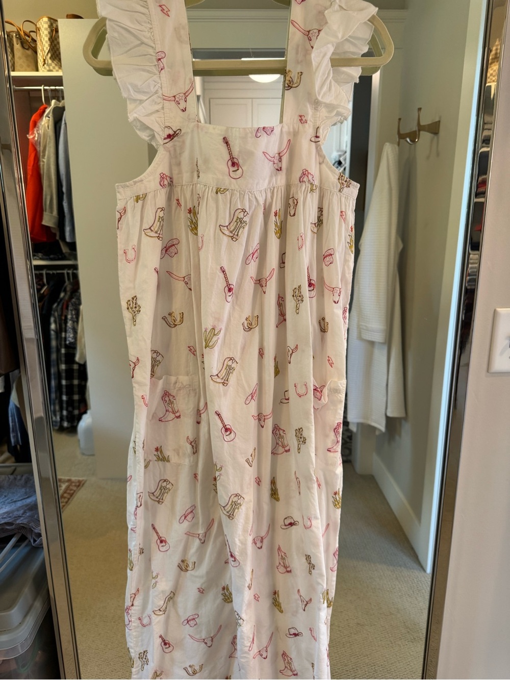 Anthropologie White Maxi Dress with Pink and Yellow Western Motifs